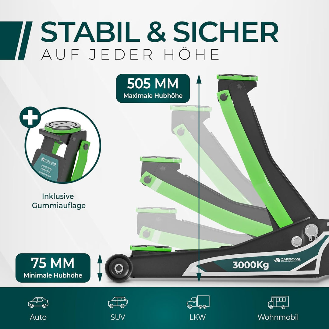 Wagenheber Hydraulisch 3T - TÜV Zertifiziert 75-505 mm Hubhöhe