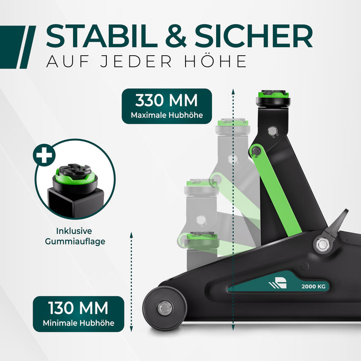 Wagenheber Hydraulisch 2T - TÜV Zertifiziert - Hubhöhe 130-330 mm
