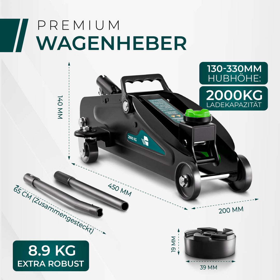Wagenheber Hydraulisch 2T - TÜV Zertifiziert - Hubhöhe 130-330 mm