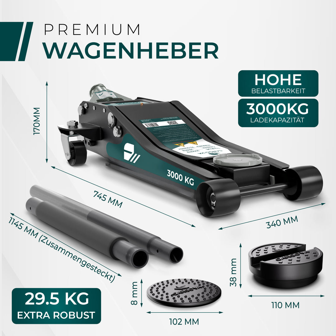 Wagenheber Hydraulisch 3T - Flacher Wagenheber mit 75-505mm Hubhöhe
