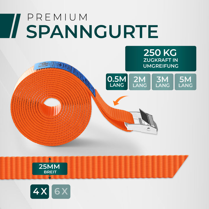 CargoVA Spanngurte mit Klemmschloss - TÜV/GS & DIN - 250kg - 4er - 6er Set