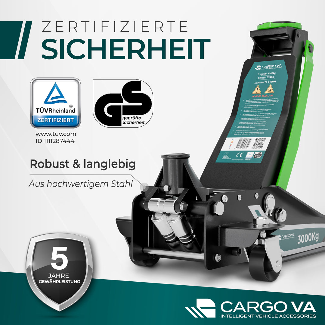 Wagenheber Hydraulisch 3T - TÜV Zertifiziert 75-505 mm Hubhöhe