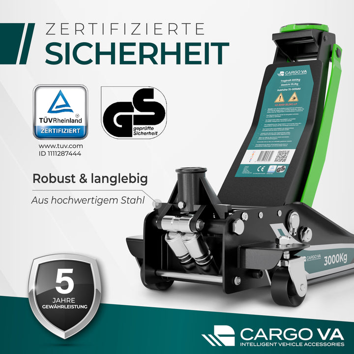 Wagenheber Hydraulisch 3T - TÜV Zertifiziert 75-505 mm Hubhöhe