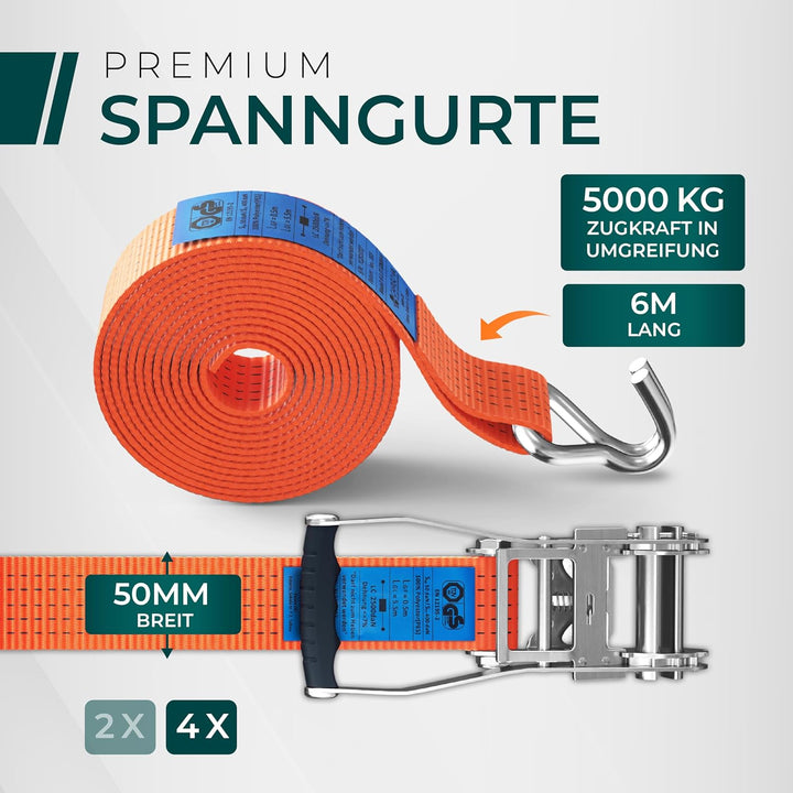 CargoVA 5000kg Ratschengurte - 2er oder 4er Pack - 6m - TÜV/GS & DIN