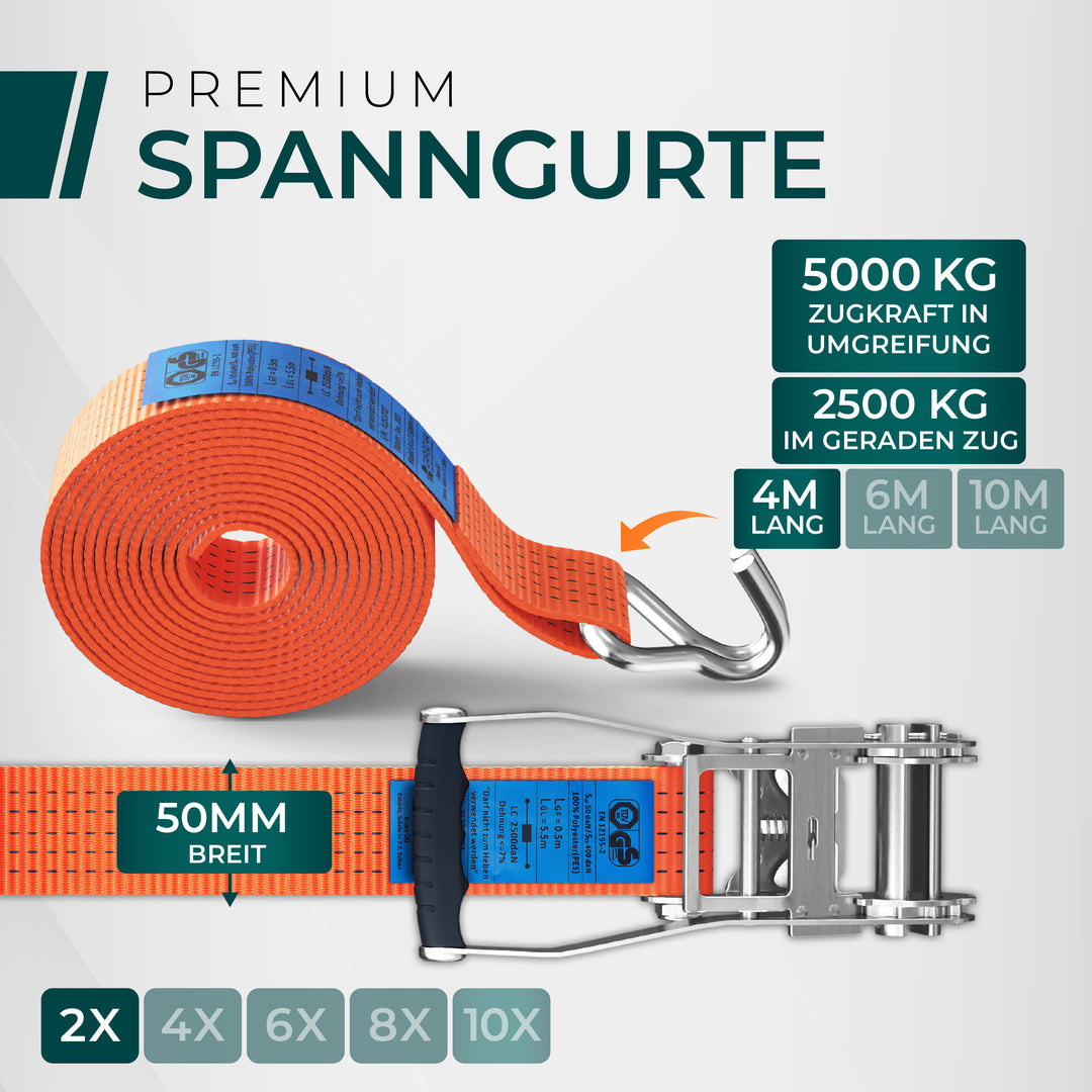 CargoVA 5000kg Ratschengurte - 2er bis 10er Pack - 4/6/10M - TÜV/GS & DIN