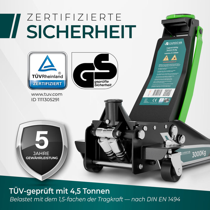 Wagenheber Hydraulisch 3T PRO - TÜV Zertifiziert 75-505 mm Hubhöhe