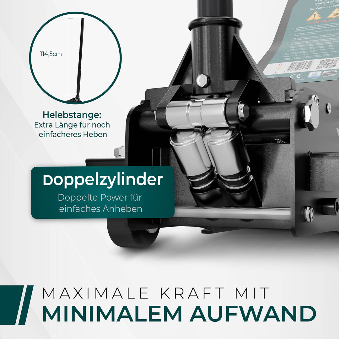 Wagenheber Hydraulisch 3T PRO - TÜV Zertifiziert 75-505 mm Hubhöhe