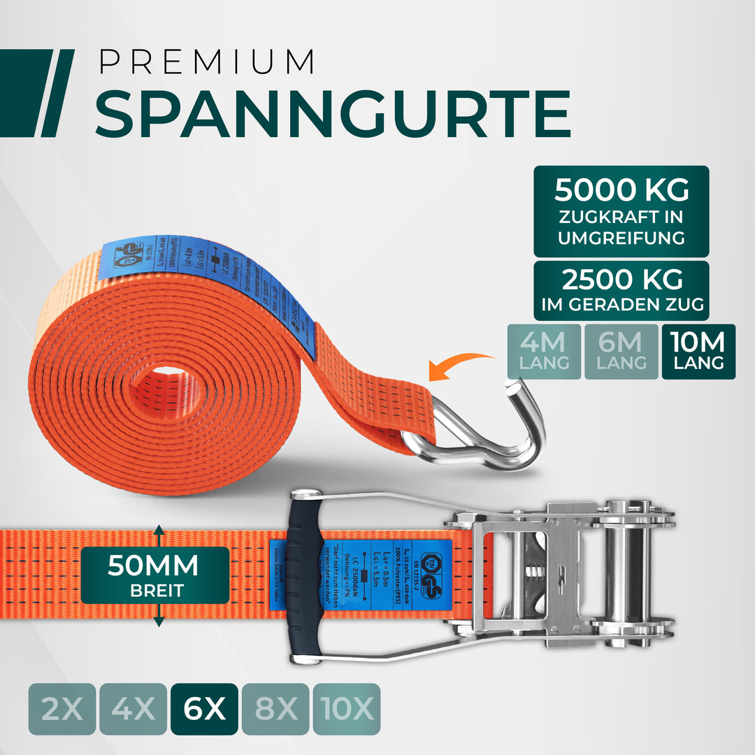 CargoVA 5000kg Ratschengurte - 2er bis 10er Pack - 4/6/10M - TÜV/GS & DIN