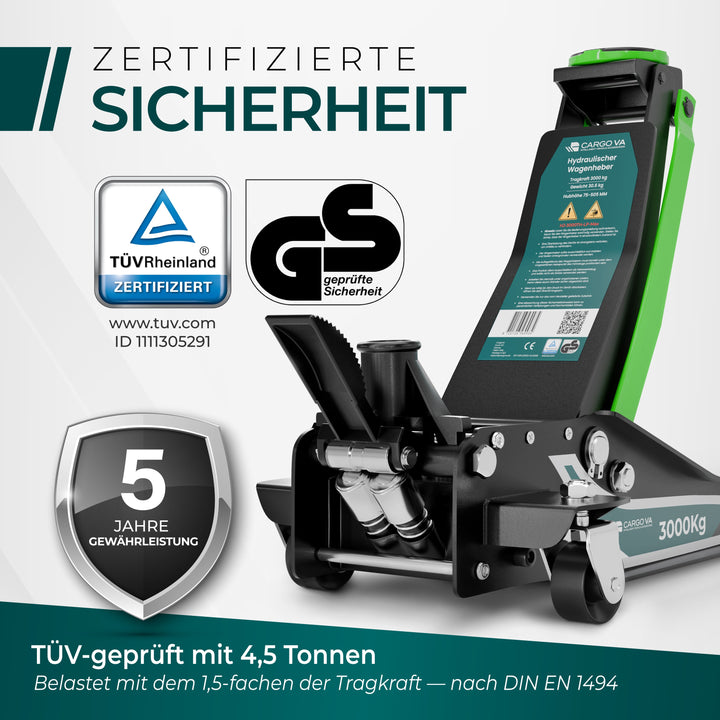 Wagenheber Hydraulisch 3T MAX - TÜV Zertifiziert 75-505 mm Hubhöhe