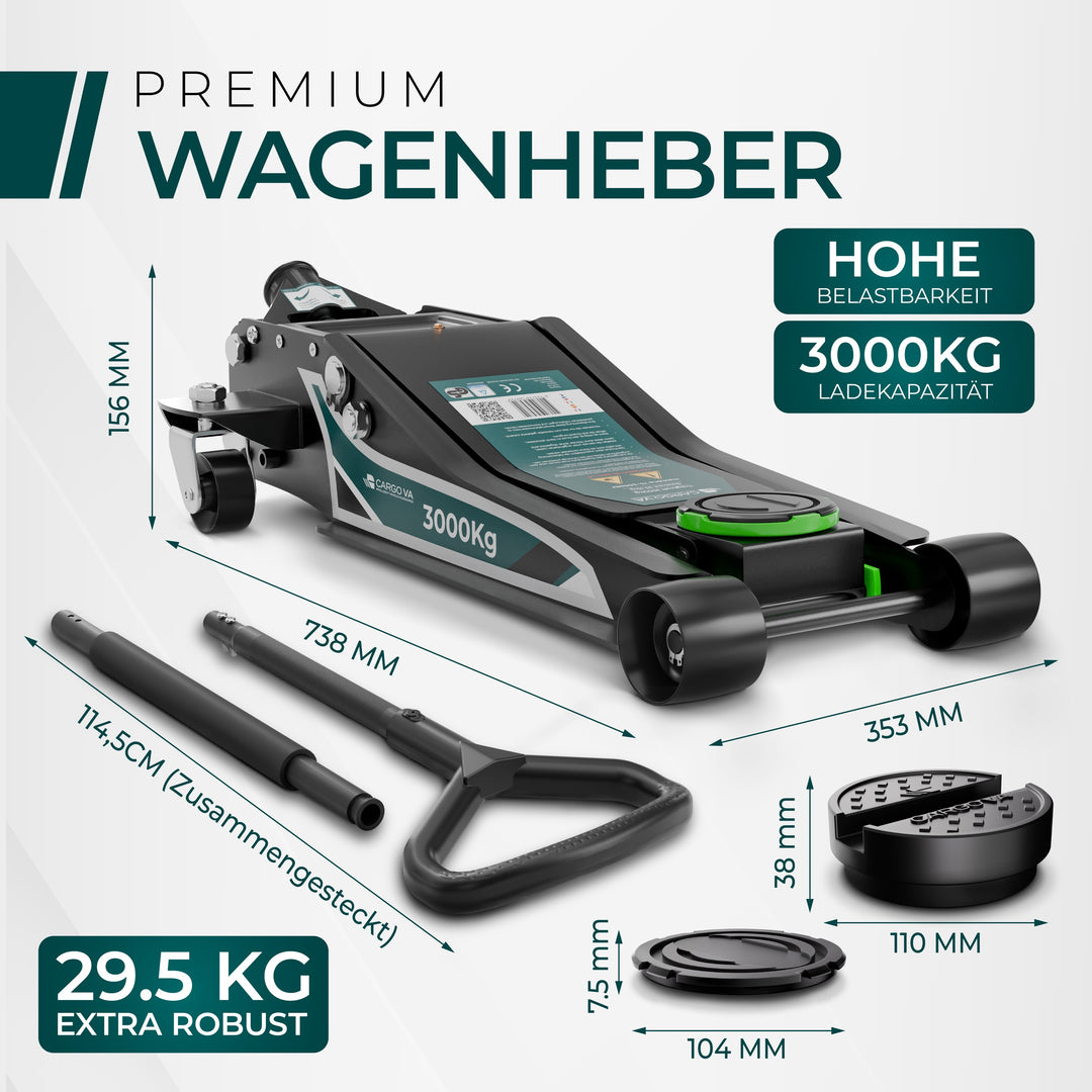 Wagenheber Hydraulisch 3T MAX - TÜV Zertifiziert 75-505 mm Hubhöhe