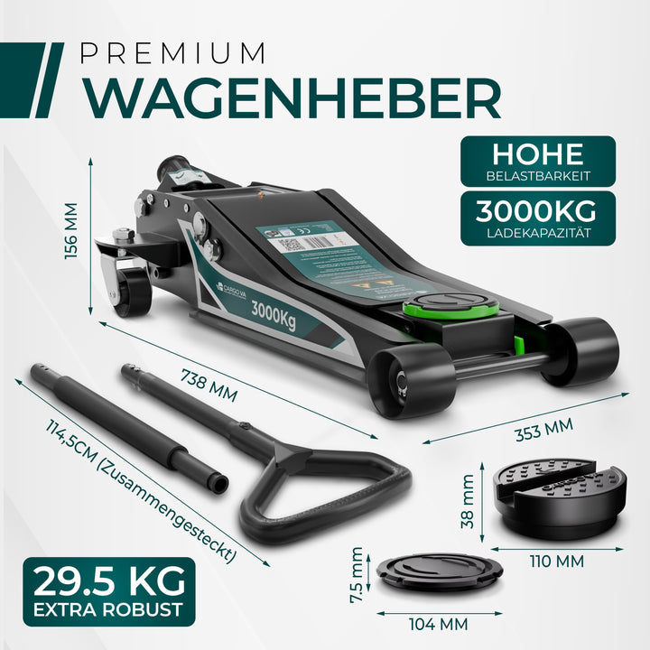 Wagenheber Hydraulisch 3T MAX - TÜV Zertifiziert 75-505 mm Hubhöhe