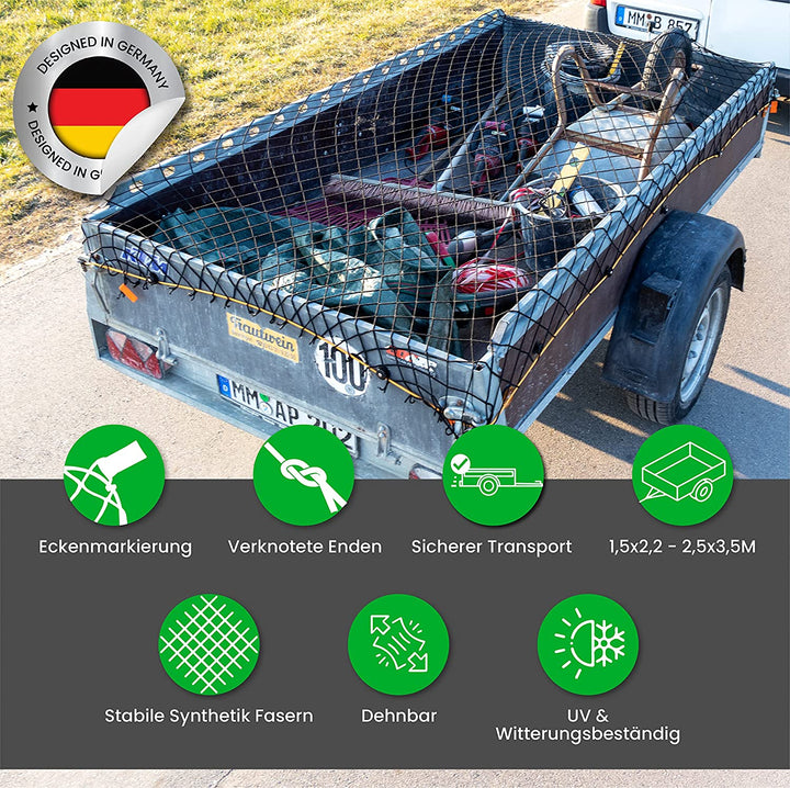 Anhängernetz Gepäcknetz für Anhänger - 2 x 3 Meter - reißfestes dehnbares  Nylon in Grün, Sicherungsnetz Ladungssicherungsnetz, Sicherung für PKW
