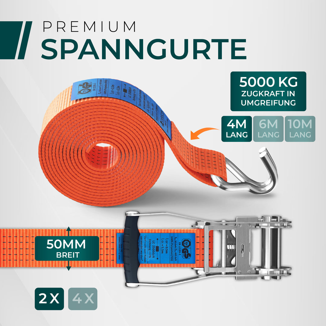 CargoVA 5000kg Ratschengurte - 2er oder 4er Pack - 4/6/10M - TÜV/GS & DIN