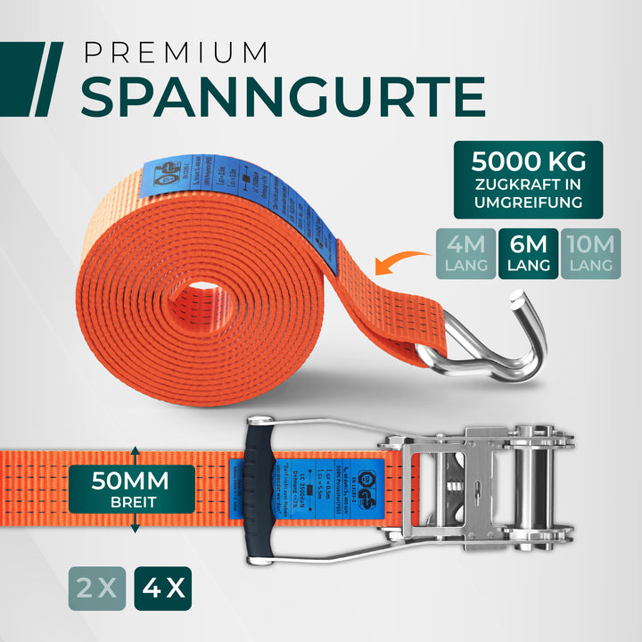 CargoVA 5000kg Ratschengurte - 2er oder 4er Pack - 4/6/10M - TÜV/GS & DIN
