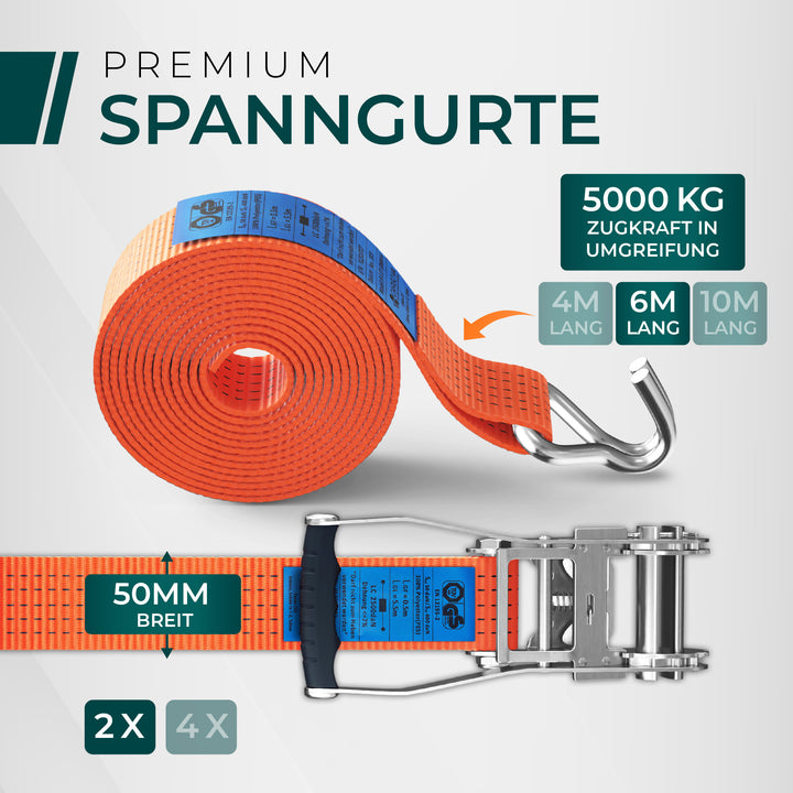 CargoVA 5000kg Ratschengurte - 2er oder 4er Pack - 4/6/10M - TÜV/GS & DIN