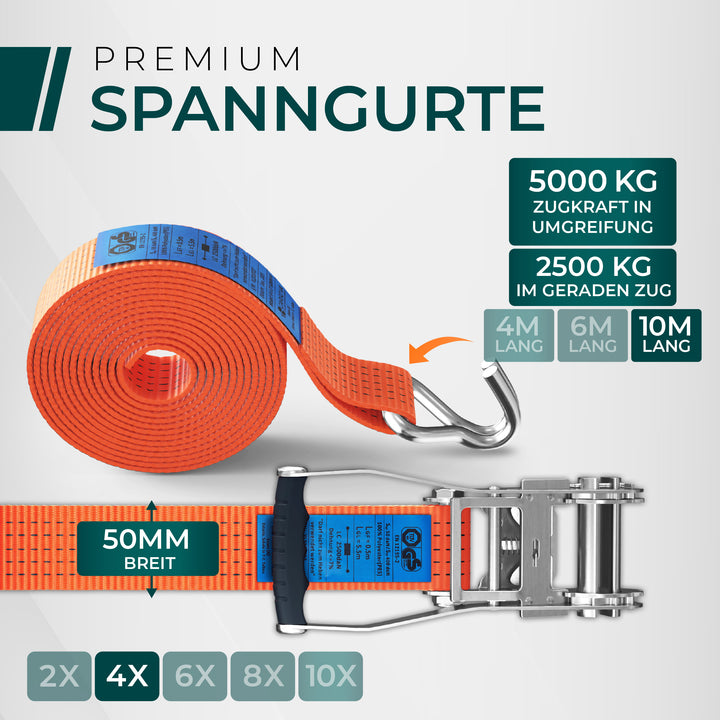 CargoVA 5000kg Ratschengurte - 2er oder 10er Pack - 4/6/10M - TÜV/GS & DIN