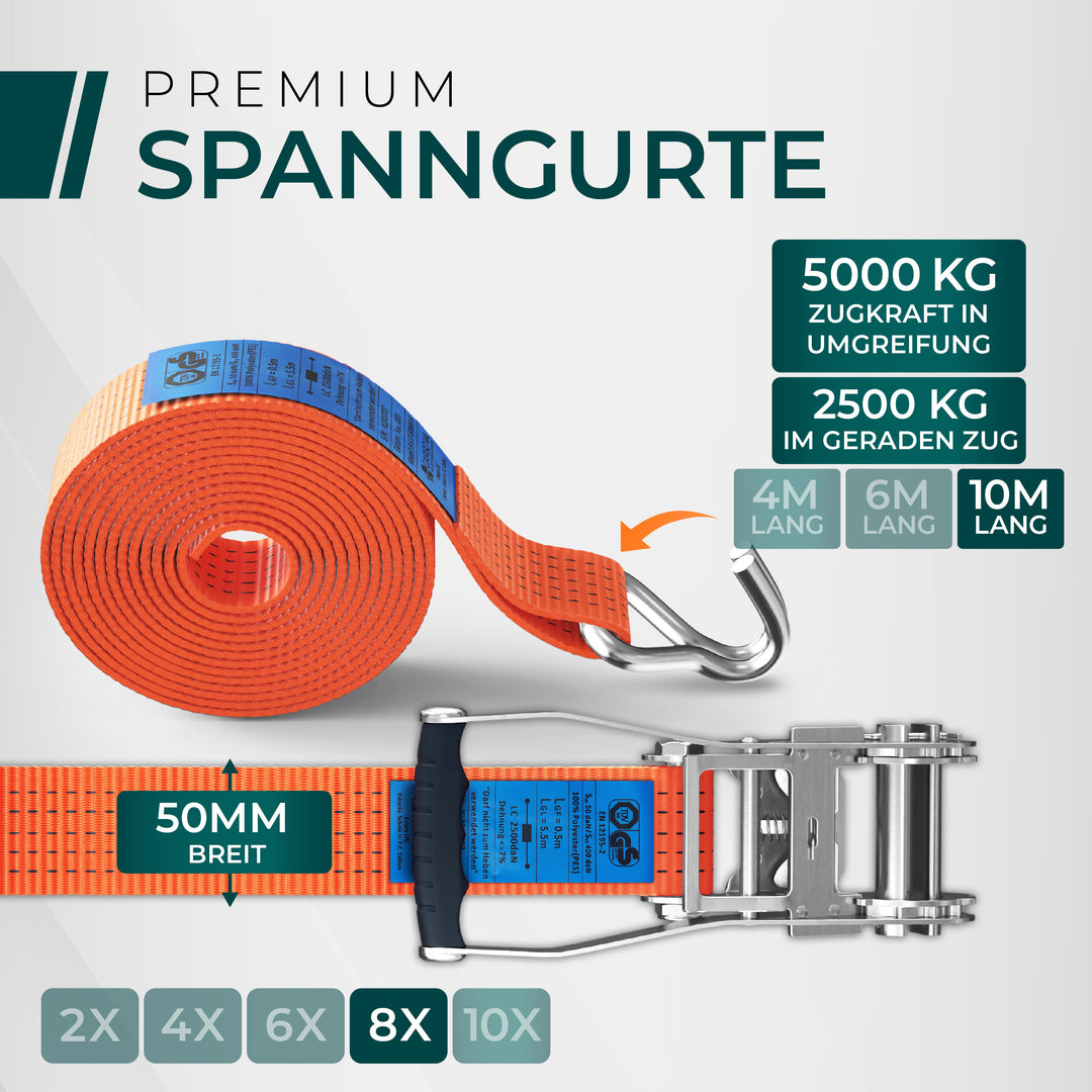 CargoVA 5000kg Ratschengurte - 2er oder 10er Pack - 4/6/10M - TÜV/GS & DIN