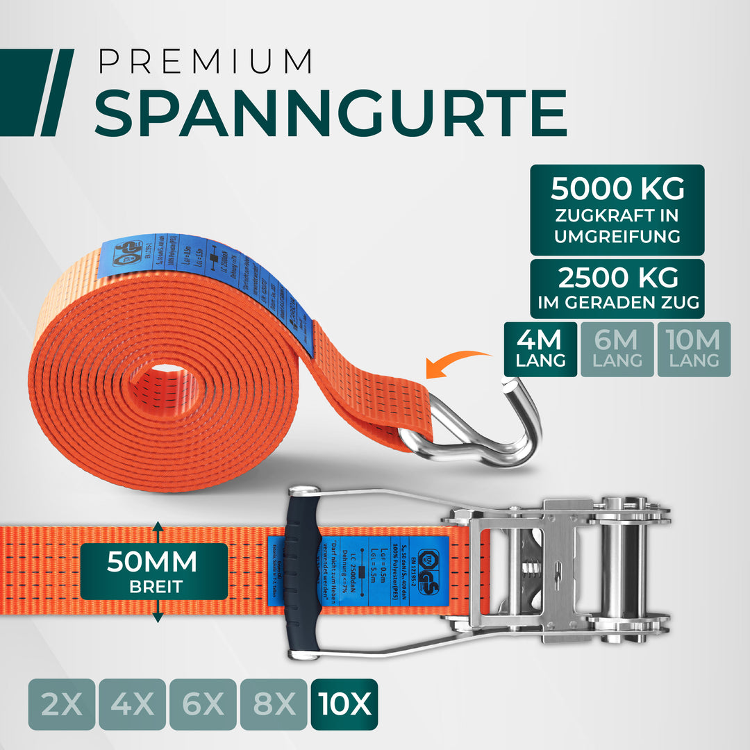 CargoVA 5000kg Ratschengurte - 2er oder 10er Pack - 4/6/10M - TÜV/GS & DIN