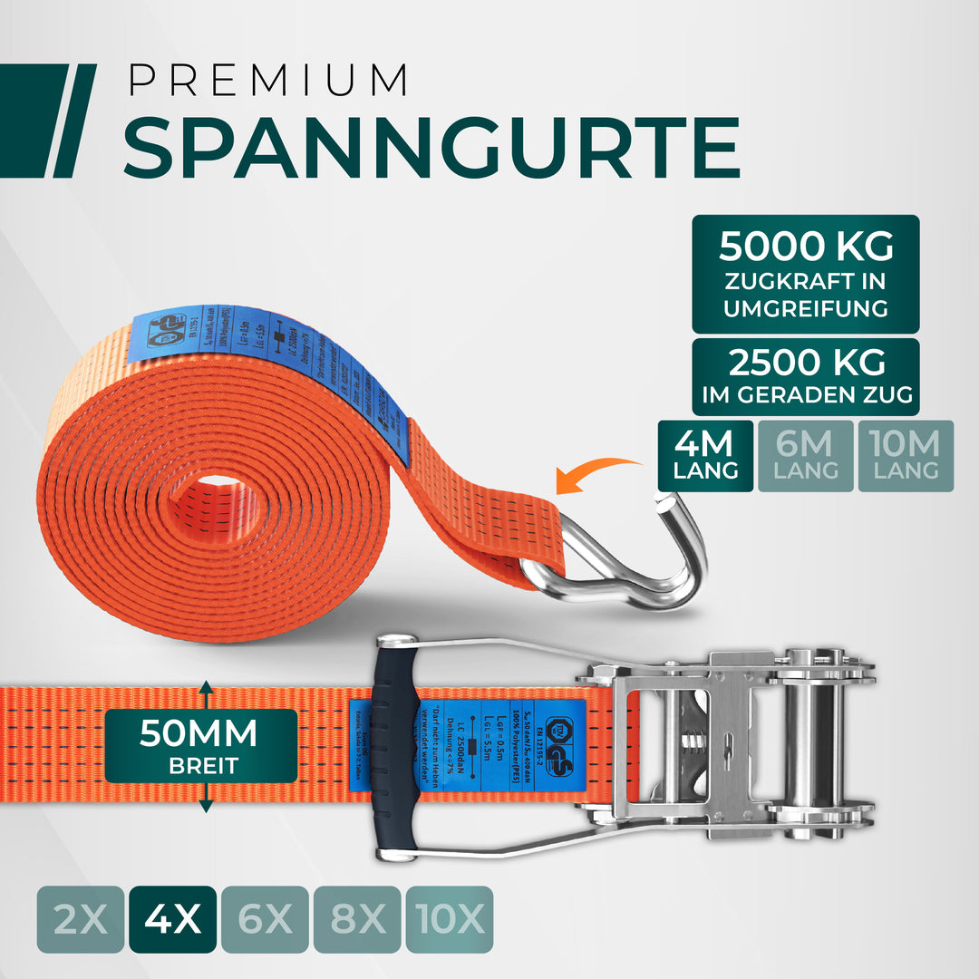 CargoVA 5000kg Ratschengurte - 2er oder 10er Pack - 4/6/10M - TÜV/GS & DIN