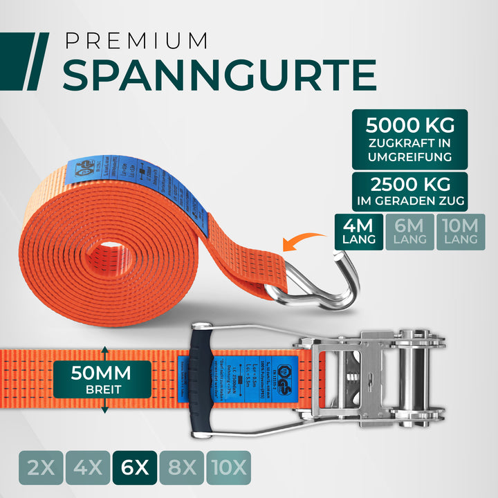 CargoVA 5000kg Ratschengurte - 2er oder 10er Pack - 4/6/10M - TÜV/GS & DIN