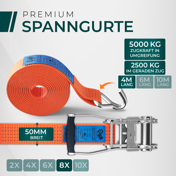 CargoVA 5000kg Ratschengurte - 2er oder 10er Pack - 4/6/10M - TÜV/GS & DIN