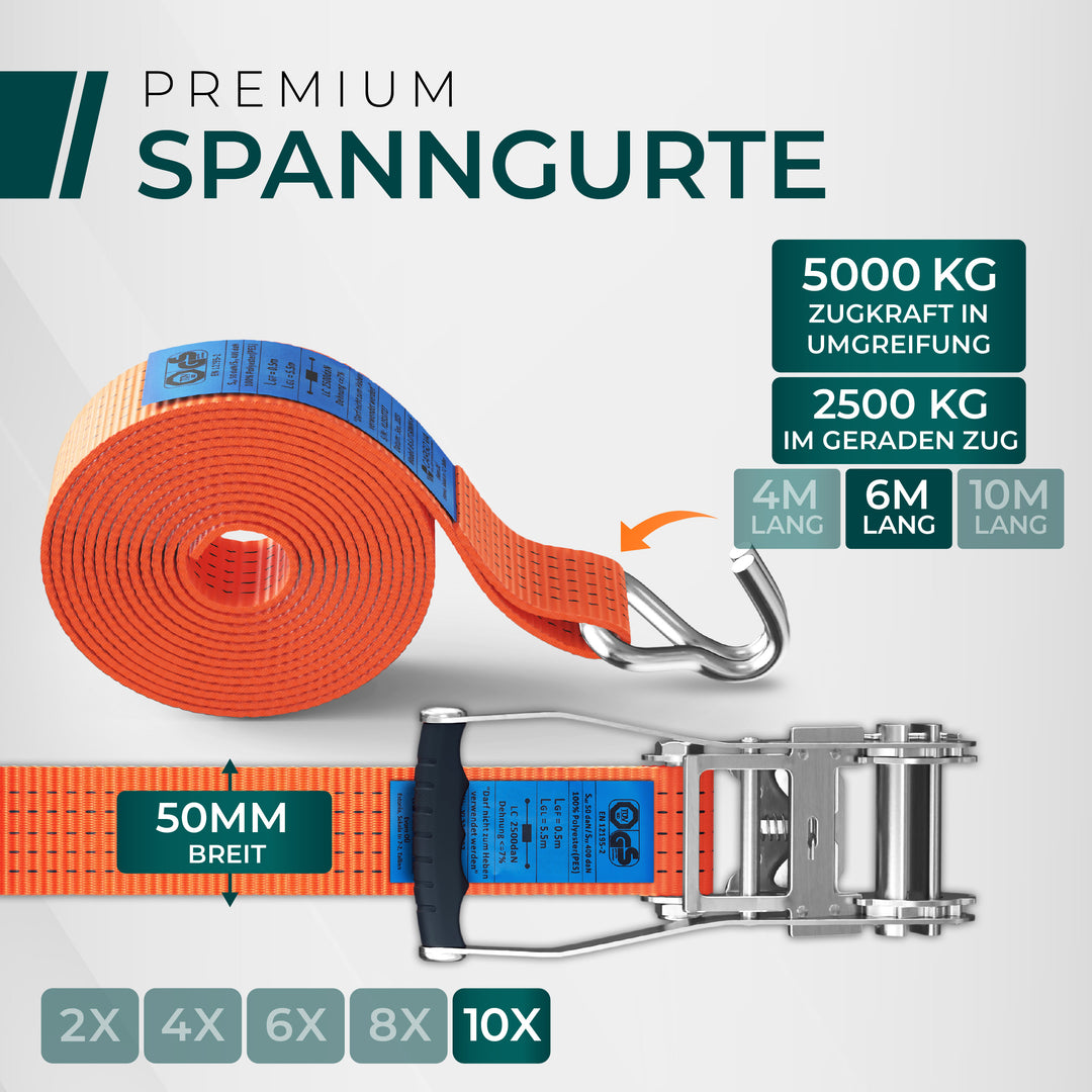 CargoVA 5000kg Ratschengurte - 2er oder 10er Pack - 4/6/10M - TÜV/GS & DIN