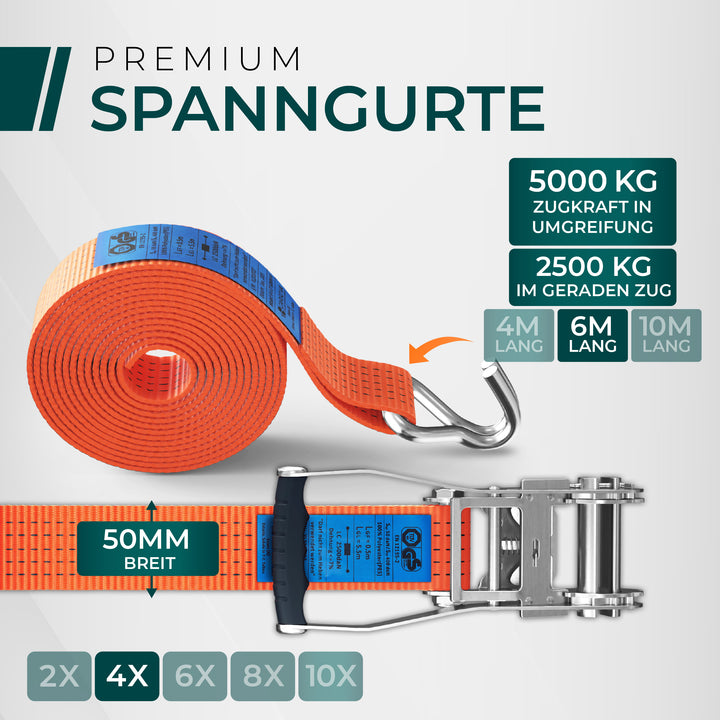 CargoVA 5000kg Ratschengurte - 2er oder 10er Pack - 4/6/10M - TÜV/GS & DIN
