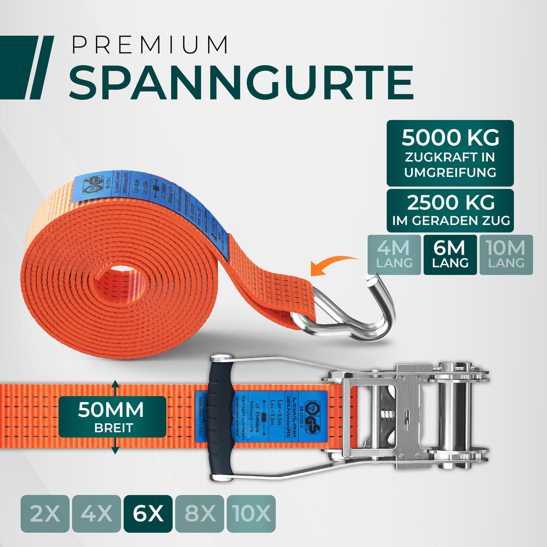 CargoVA 5000kg Ratschengurte - 2er oder 10er Pack - 4/6/10M - TÜV/GS & DIN