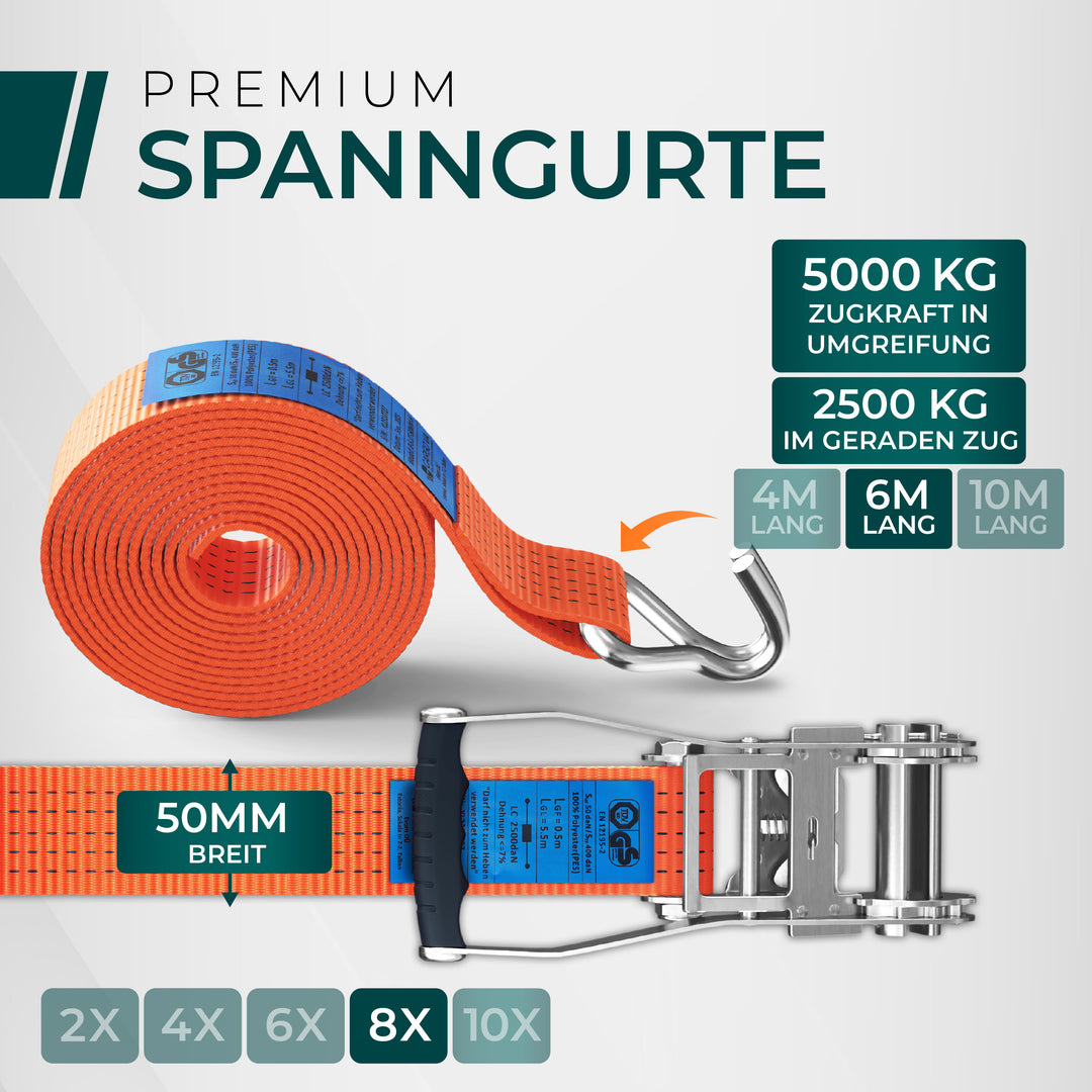 CargoVA 5000kg Ratschengurte - 2er oder 10er Pack - 4/6/10M - TÜV/GS & DIN
